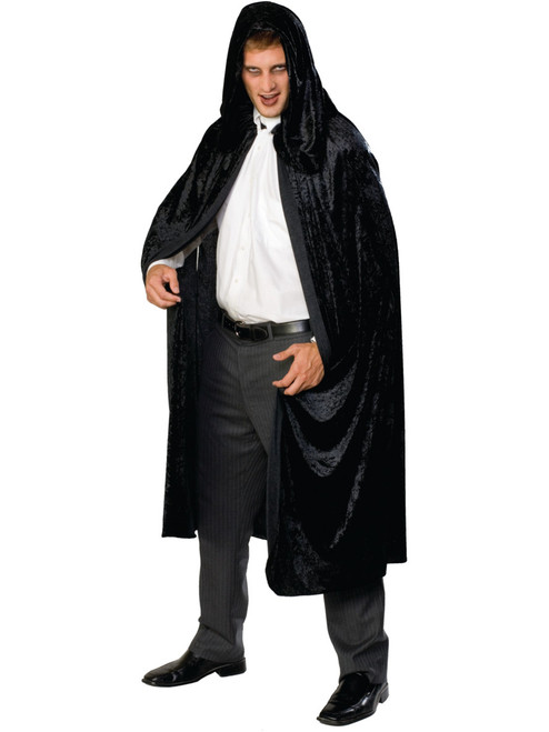 Womens Deluxe Long Black Crushed Velvet Hooded Cape Costume Accessory