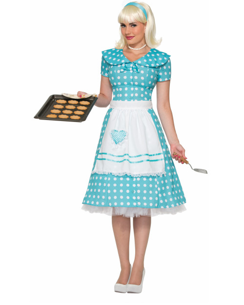 Womens 50s Classic Housewife Wife Blue Polka Dot Dress Apron Costume