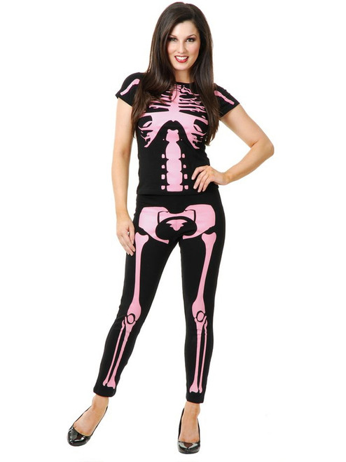 Womens Sexy Black and Pink Skeleton Leggings and T-Shirt Costume Set