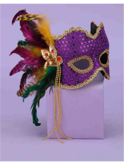 Deluxe Purple And Gold Polka Dot Mardi Gras Carnival Mask With Feather Plume