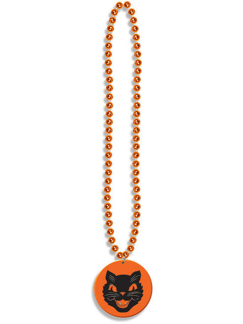 33" Inch Halloween Beads With Cat Medallion Necklace Jewelry Costume Accessory