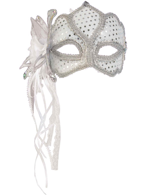 Retro 80s White Silver Polka Dot Costume Venetian Eye Mask with Large Flower