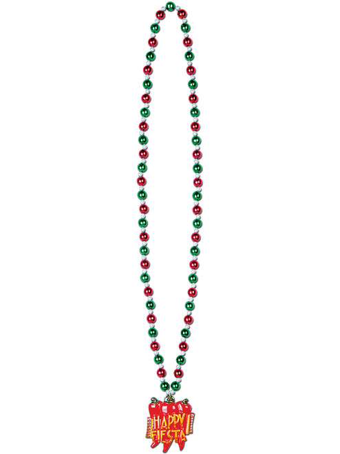 Red Happy Fiesta Chili Pepper Medallion Bead Necklace Costume Accessory