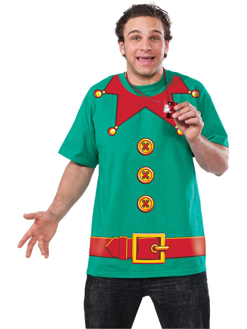 Adult Mens Christmas Holiday Elf Printed T-shirt Suit Shirt Costume