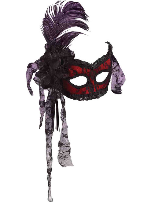 Red Black Showgirl Mardi Gras Valentine Venetian Eye Half Mask Feather Plume