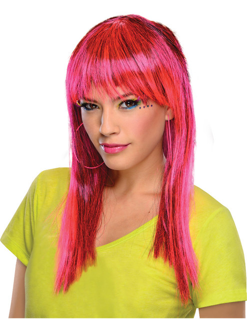 Adult Womens Costume Long Neon Glamorous Pink Black Straight Bangs Wig
