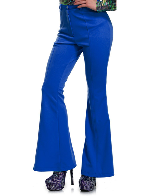 Womens 70s High Waisted Flared Blue Disco Pants