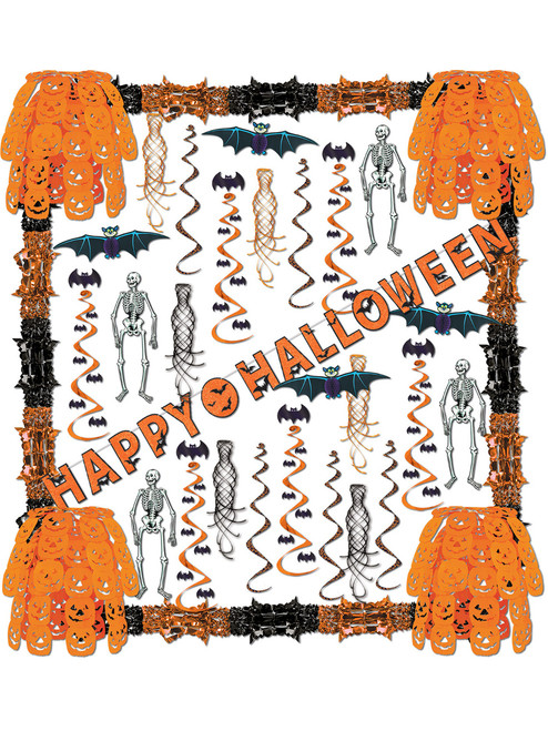 34 Piece Happy Halloween Skeletons Bats Pumpkins Streamers Decorations Kit