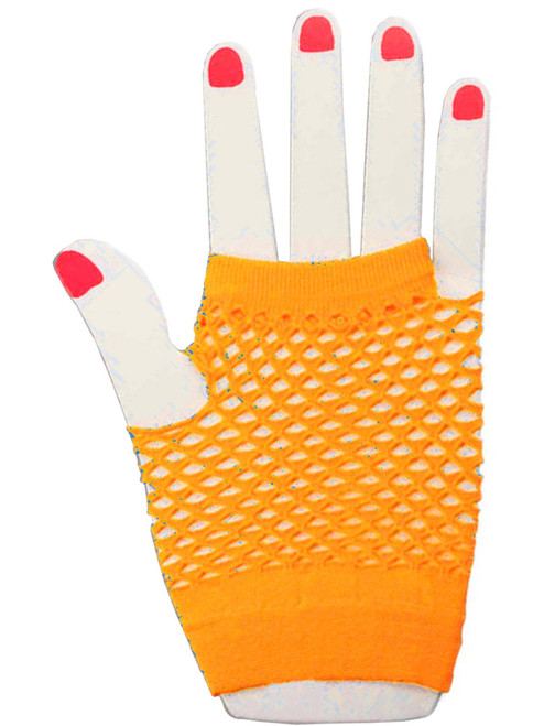 Adults Sexy Neon Orange Fishnet Fingerless 80s Rock Costume Half Gloves