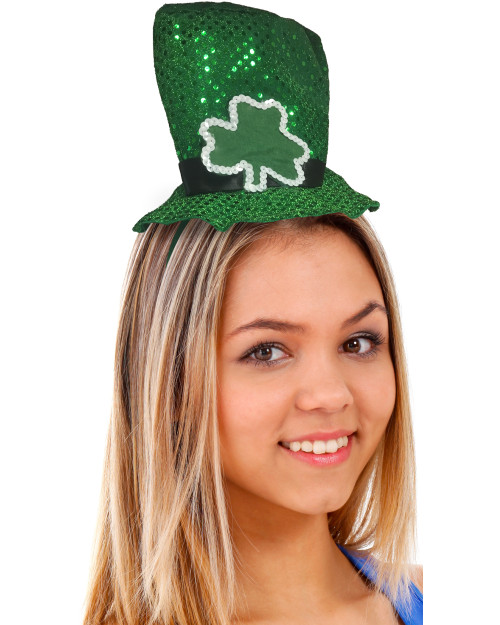 Green St. Patrick's Day Shamrock Sequin Mini Top Hat On Head Band