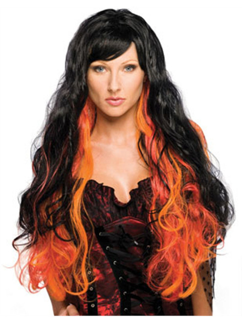 Womens Sexy Costume Black and Orange Long Fantasy Wig