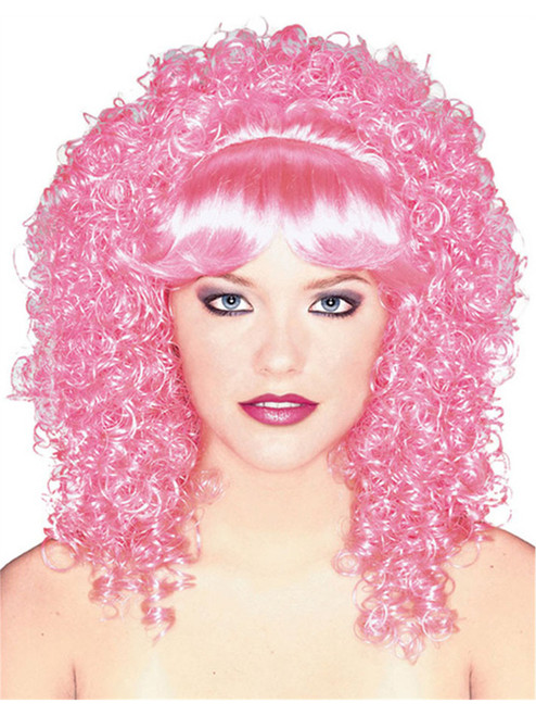 Adult Womens Hot Pink Tight Curly Costume Wig With Bangs