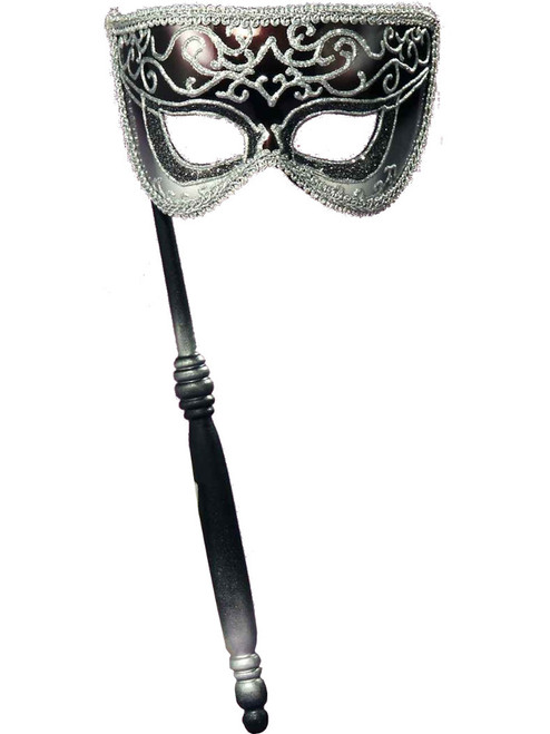 Deluxe Unisex Black And Silver Venetian Costume Carnival Mask With Stick Handle
