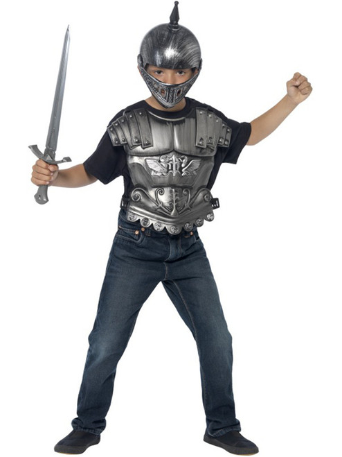 Adult Medieval Silver Gladiator Helmet With Sword and Body Armour Costume Piece
