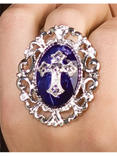 Elegant Silver and Purple Metallic Gothic Cross Costume Accessory Ring