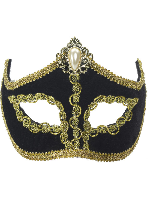 Deluxe Costume Black Gold Venetian Carnival Mask With Gold Lace and Pearl Gem