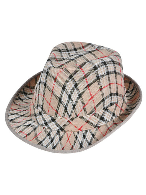 Deluxe Tan Brown Red White Plaid Pattern Gangster Costume Fashion Fedora Hat