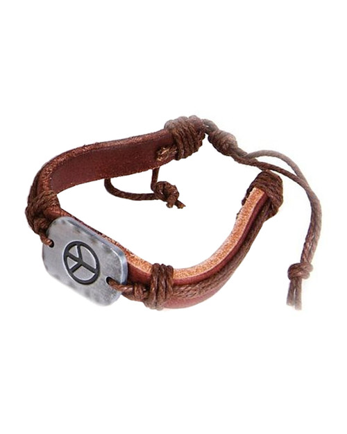 60's Hippie Metal Peace Sign Braided Leather Bracelet Costume Accessory