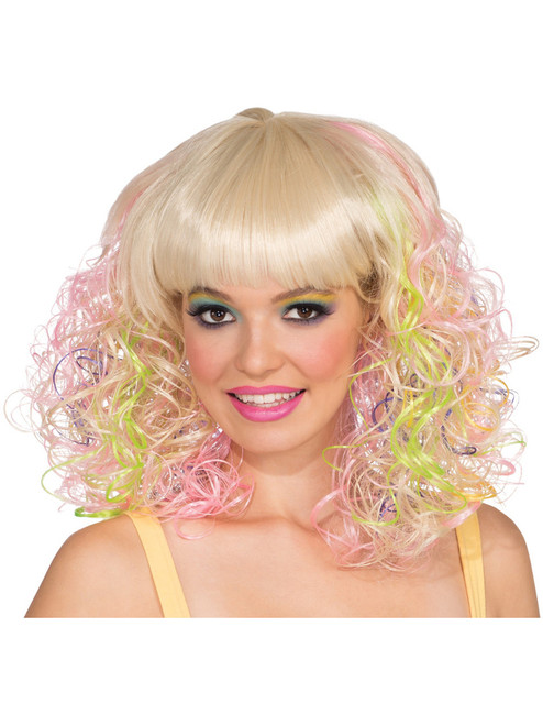 Adult Womens Pastel Large Curl Blonde Pink Yellow Long 80s Rave Wig