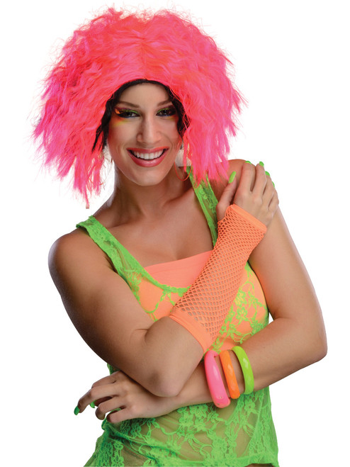 Sexy Adult Womens 80s Neon Chic Pink Black Rave Dance Costume Wavy Wig