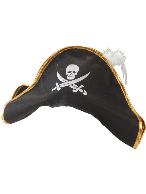 Adult Costume Black Pirate Hat with Gold Trim And White Feather Adult Costume Black Pirate Hat with Gold Trim And White Feather