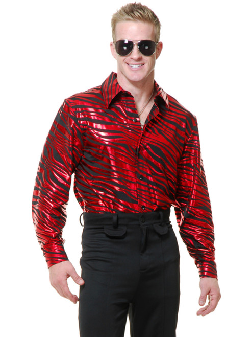 Mens Adults 70s Metallic Red Zebra Print Disco Shirt