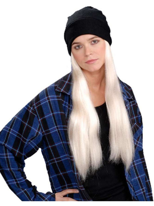Dirty 90s Grunge Black Beanie Hat With Blonde Wig Costume Accessory