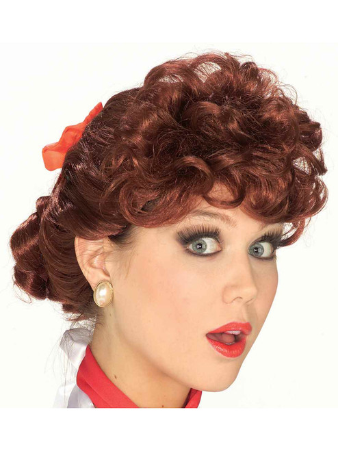50s Doo Wop Sock Hop Red Auburn Curly Housewife Wig With Red Ribbon