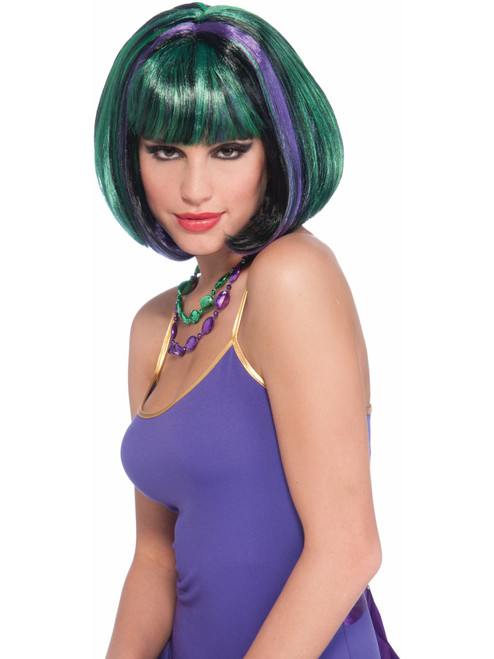 Women's 2-Tone Green and Purple Mardi Gras Costume Bob Wig With Bangs