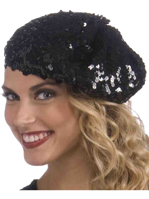 Deluxe Roaring 20s Black Sequin Flapper Girl Beret Hat