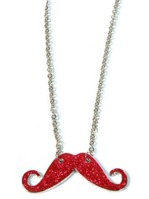 Red Silver Hipster Trendy Costume Moustache Shiny Sparkle Necklace