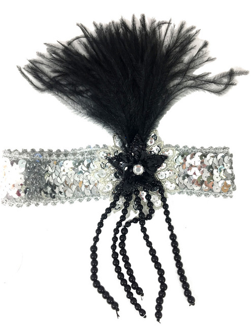 Deluxe Silver Sequin Flapper Costume Headband with Black Feather
