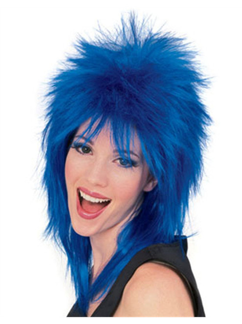 Mens Womens Blue Punk 80s Rock Super Star Costume Wig