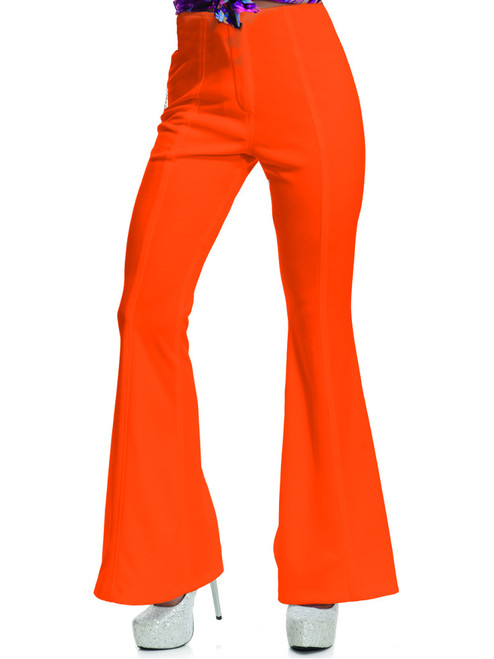 Womens 70s High Waisted Flared Orange Disco Pants