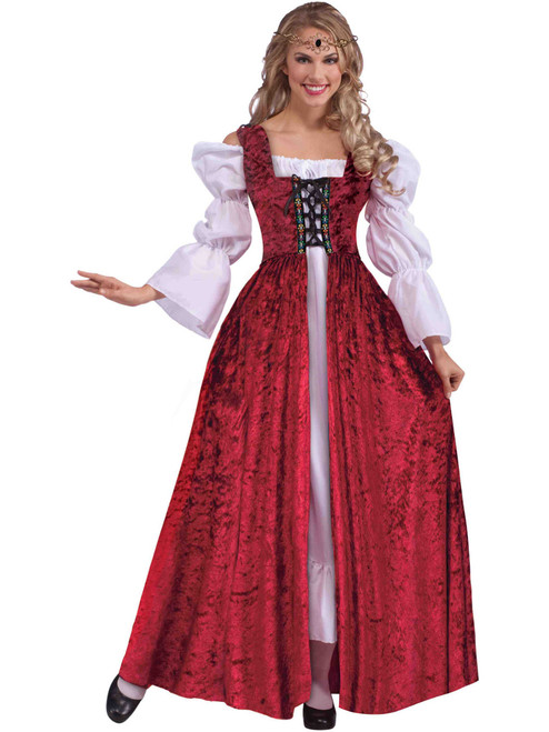 Womens Elegant Medieval Maiden Red Lace Up Gown Costume