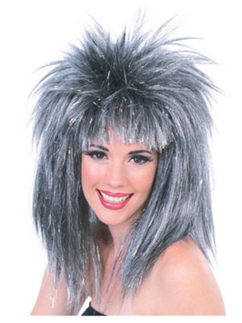 Adult Womens Silver 80s Big Hair Spiked Costume Wig