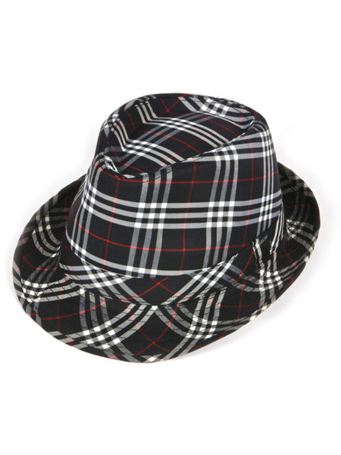 Deluxe Navy Blue and White Plaid Pattern Fedora Hat