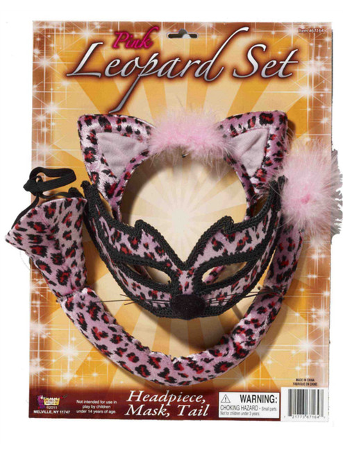 Costume Accessory Pink Leopard Mask Headpiece Ears and Tail Animal Set
