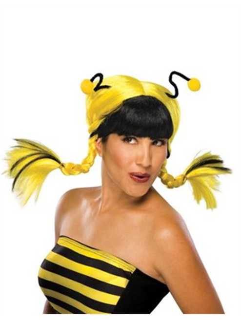 Adult Black and Yellow Bumble Bee Mine Costume Wig With Antennae
