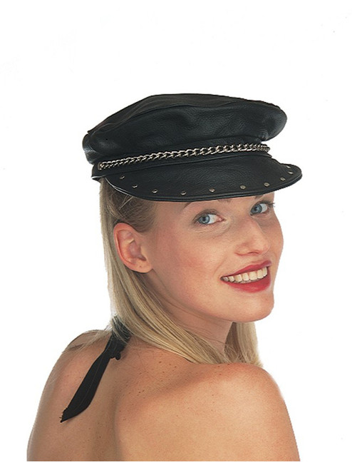 Womens Leather Biker Hat With Metal Chain And Studs Costume Accessory