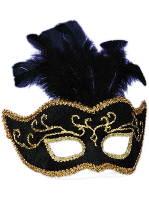 Black And Gold Best Ever Venetian Carnival Eye Mask With Feather Plume