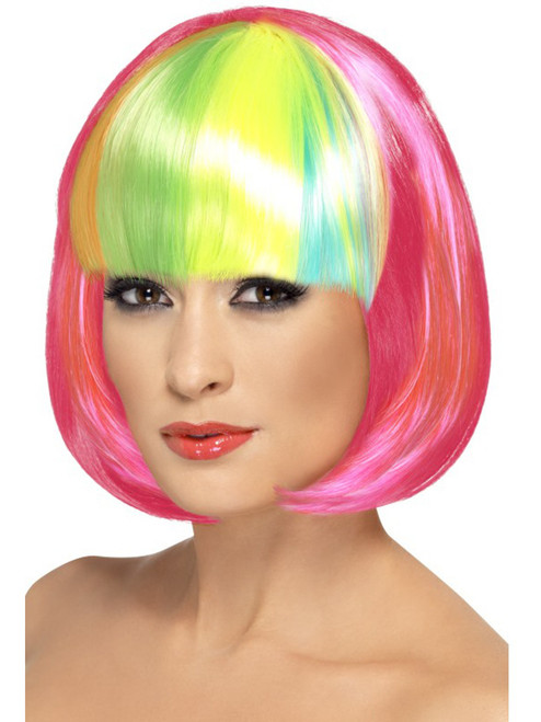 Women's Partyrama Neon Pink Short Bob With Rainbow Fringe Wig Costume Accessory