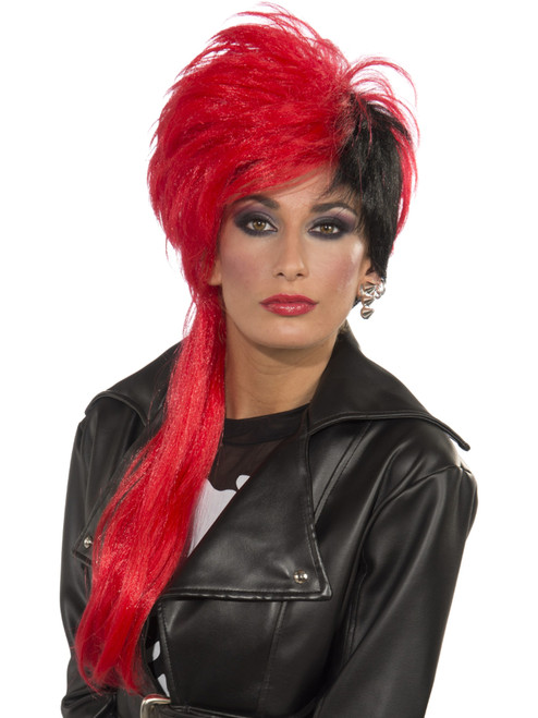 Womens Sexy Gothic Emo Trouble Maker Costume Red Black Side Part Wig