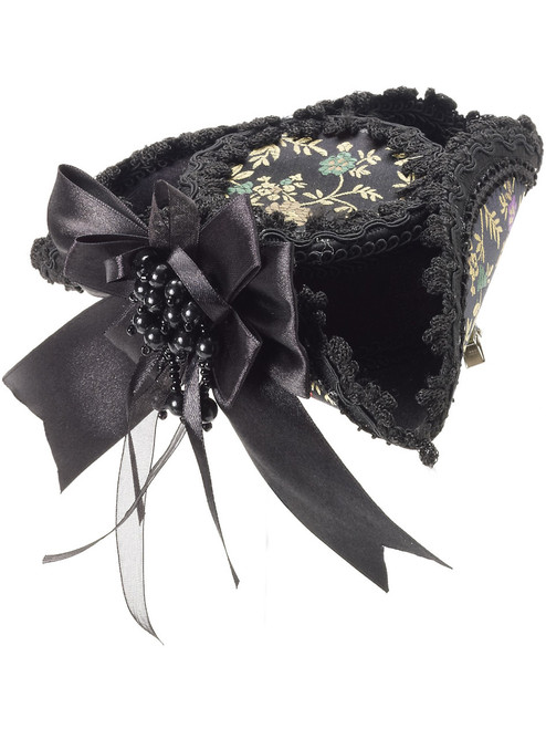 Womens Sexy Buccaneer Beauty Black Gold Mini Tricorn Pirate Hat With Bow