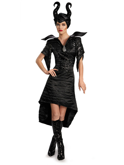 Womens Deluxe Glam Maleficent Black Christening Evil Witch Gown Costume