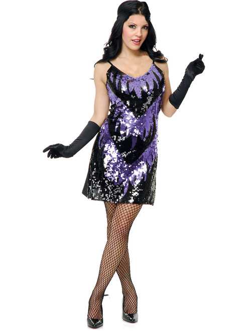 Adults Womens 20s Black Purple Flapper Girl Sequin Dress Costume