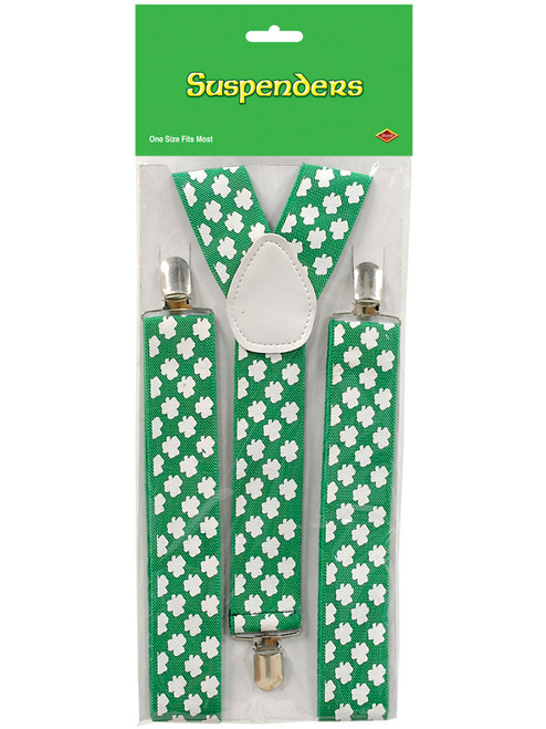 Green and White Saint Patrick's Day Shamrock Suspenders Costume Accessory