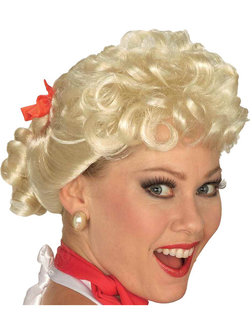 50s Doo Wop Sock Hop Blonde Curly Housewife Wig With Red Ribbon