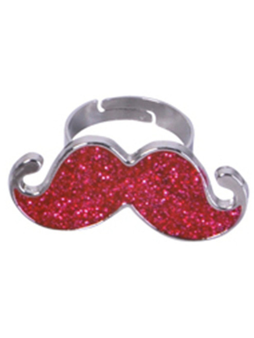 Red Silver Hipster Trendy Costume Moustache Shiny Sparkle Bling Ring