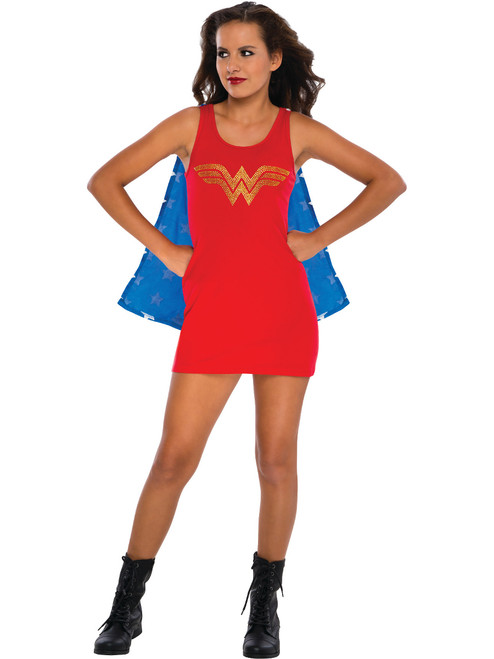 Womens Adult Wonder Woman Rhine Stone Tank top Dress And Cape Costume